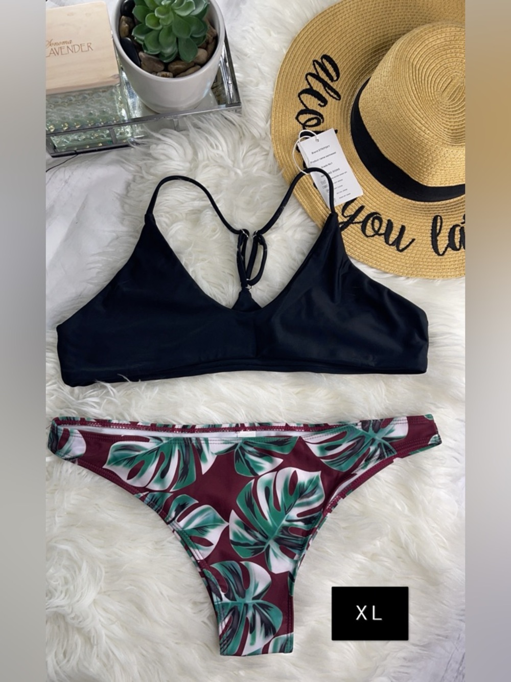 Black Triangle Bikini Top with Tropical Leaf Bikini Bottom - Women Swim